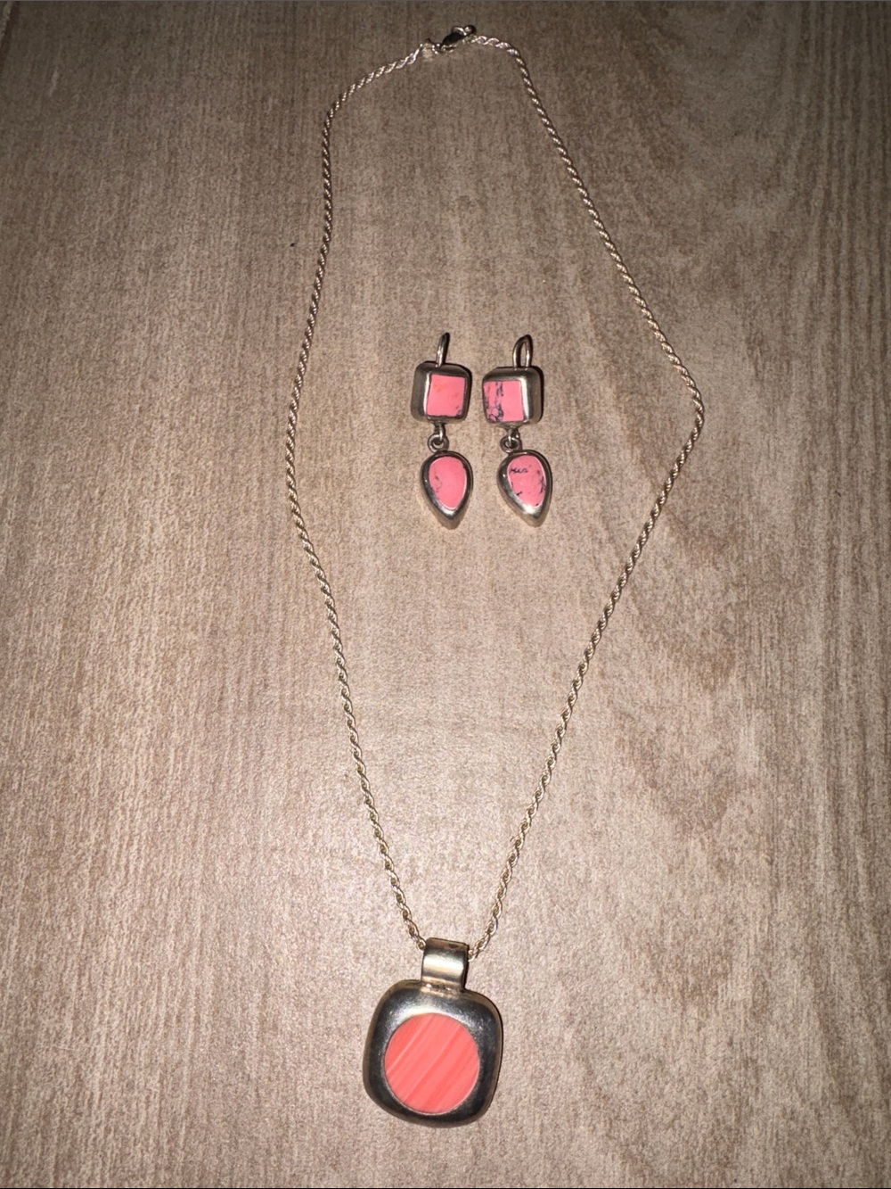 Pink Stone Pendant Necklace and Dangle Earrings Real Silver